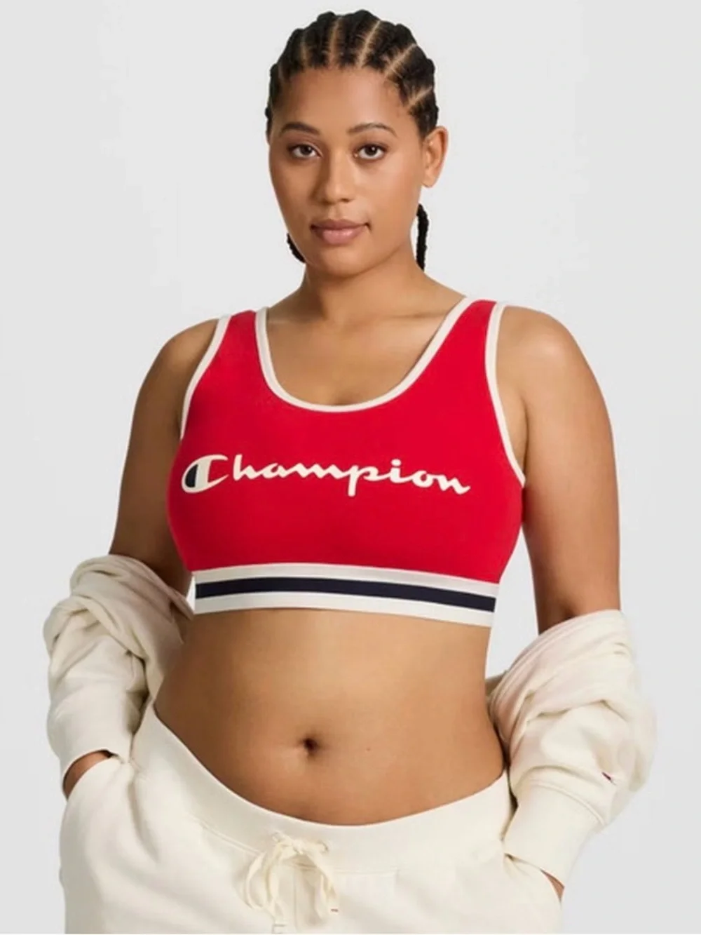 Champion Red Logo Crop Sports Bra Bralette Contrast Trim Bold Scoop Neck